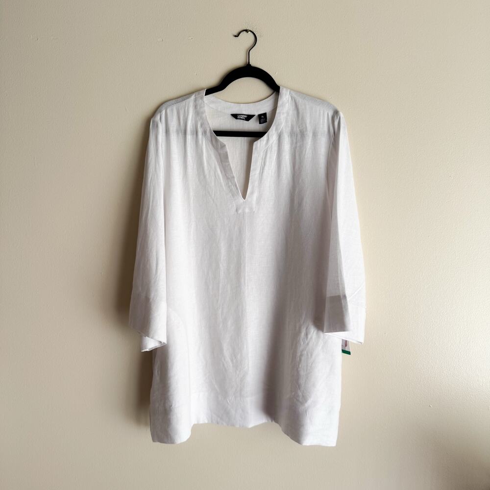 Lands' End White Linen Split Neck 3/4 Sleeve Tunic Blouse XL NWT Beach Resort